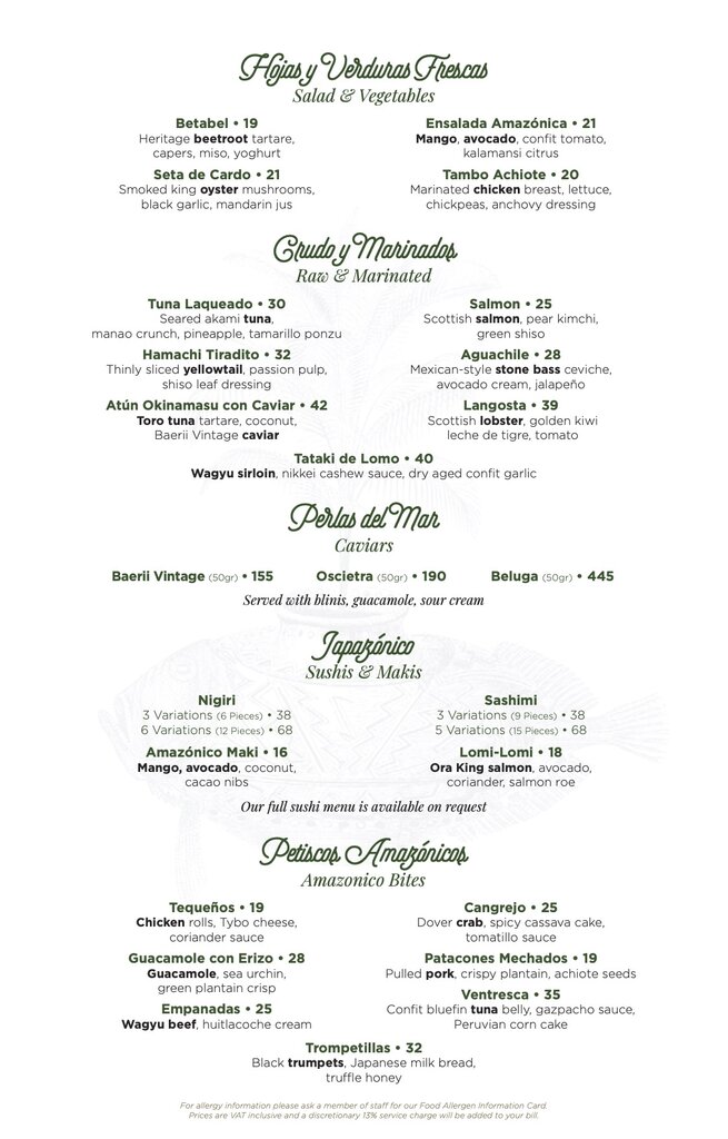 amazonico london menu